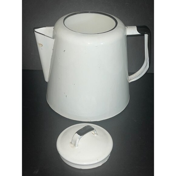 Vintage White Enamel Coffee Pot Black Trim Lid Primitive Farmhouse Decor - Picture 2 of 8
